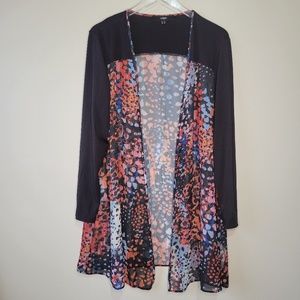 X-two Woman’s Duster Sheer Black Long Sleeve Multicolor Cardigan Open Front Sz12